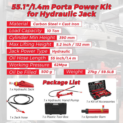 Heavy Duty 12 Ton Hydraulic Porta Power Jack Kit With 4.6 Foot Oil Hose For Auto Body Frame Repair In Garage Storage Case 26455 LBS Capacity For Cars And Trucks - product specifications and components shown