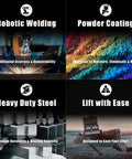 Collage of robotic welding, powder coating, heavy-duty steel, and easy lifting features