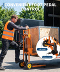 Man operating 450 Lbs Hydraulic Material Lift Dolly With Adjustable Forks And Removable Platform Manual Fork Winch Stacker For Pallets