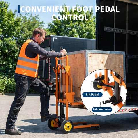 Man operating 450 Lbs Hydraulic Material Lift Dolly With Adjustable Forks And Removable Platform Manual Fork Winch Stacker For Pallets