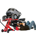 Heavy Duty Hydraulic Lift Jack For Zero Turn Radius Riding Mowers With 500 Pound Lift Locks Bar For Safer Deck Access Ideal For Front End Maintenance And Cleaning Compatible With EGO And Leading ZTR Mower Brands, side view of mower lifted with person working underneath