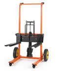 Front view of Hydraulic Material Lift Winch Stacker With 450 Lb Capacity And 35.4 Inch Lift Height, foldable, orange and black.
