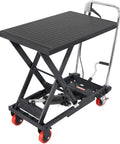 Hydraulic Lift Table Cart 500 Lb Capacity With 28.5 Inch Lift And Four PU Wheels For Safe Material Handling in black steel frame.