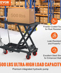 Hydraulic Lift Table Cart 500 Lb Capacity with 28.5 Inch Lift and Four PU Wheels for Safe Material Handling in a warehouse.