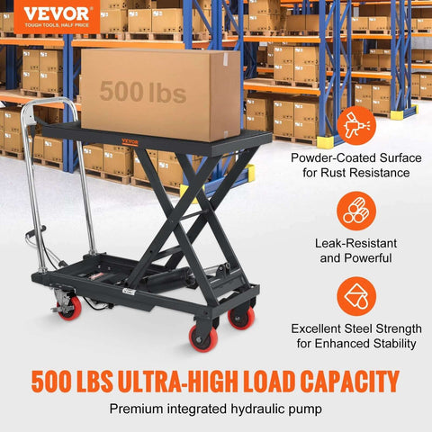 Hydraulic Lift Table Cart 500 Lb Capacity with 28.5 Inch Lift and Four PU Wheels for Safe Material Handling in a warehouse.