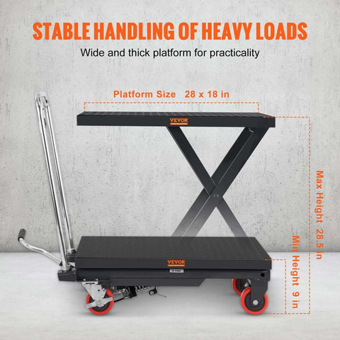 Hydraulic Lift Table Cart 500 Lb Capacity With 28.5 Inch Lift and Four PU Wheels for Safe Material Handling, side view