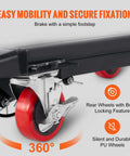 Close-up of rear wheel with brake on Hydraulic Lift Table Cart 500 lb capacity with 28.5 inch lift and four PU wheels for safe handling.