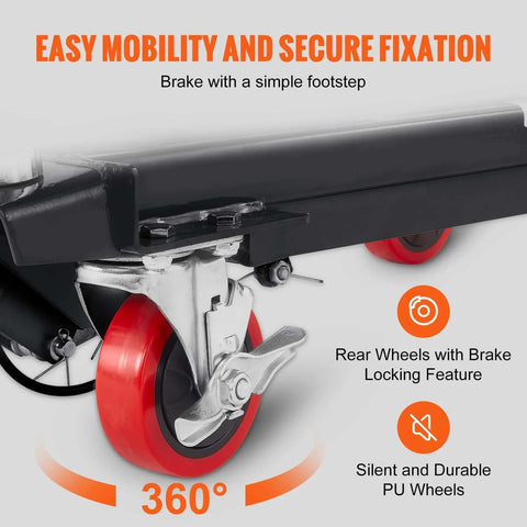 Close-up of rear wheel with brake on Hydraulic Lift Table Cart 500 lb capacity with 28.5 inch lift and four PU wheels for safe handling.
