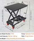 Hydraulic Lift Table Cart 500 Lb Capacity With 28.5 Inch Lift And Four PU Wheels, steel frame on concrete floor