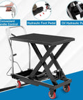 Hydraulic Lift Table Cart With Four Wheels 330 Lb Capacity Adjustable Height 11 To 28.5 Inches Steel Frame For Warehouse, side view