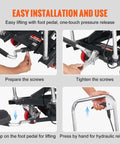 Steps for using Hydraulic Lift Table Cart 500 Lb Capacity with 28.5 Inch Lift and Four PU Wheels shown in installation guide.
