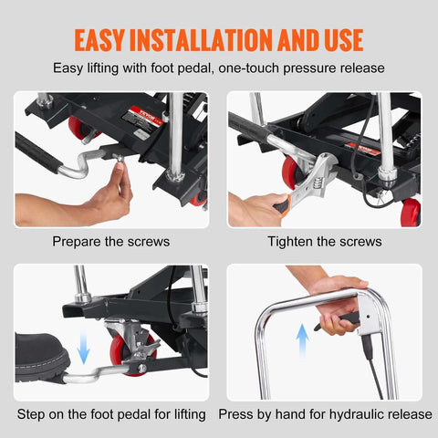 Steps for using Hydraulic Lift Table Cart 500 Lb Capacity with 28.5 Inch Lift and Four PU Wheels shown in installation guide.