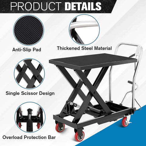Hydraulic Lift Table Cart With Four Wheels 330 Lb Capacity Adjustable Height 11 To 28.5 Inches Steel Frame showcasing features