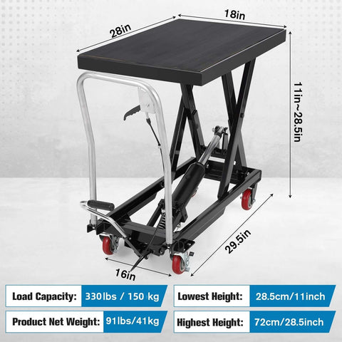 Hydraulic Lift Table Cart With Four Wheels 330 Lb Capacity Adjustable Height 11 To 28.5 Inches Steel Frame For Warehouse, showing dimensions