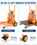 450 Lbs Hydraulic Material Lift Dolly With Adjustable Forks And Removable Platform Manual Fork Winch Stacker in fork and trolley mode, showing nylon and rubber casters.