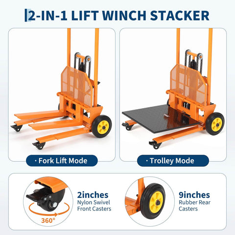 450 Lbs Hydraulic Material Lift Dolly With Adjustable Forks And Removable Platform Manual Fork Winch Stacker in fork and trolley mode, showing nylon and rubber casters.