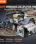 Hydraulic Wood Log Splitter Pump, 16GPM, 2 Stage 4000PSI, 1'' Inlet 1/2'' NPT Outlet 3600 RPM Aluminum Hydraulic Gear Pump displayed.