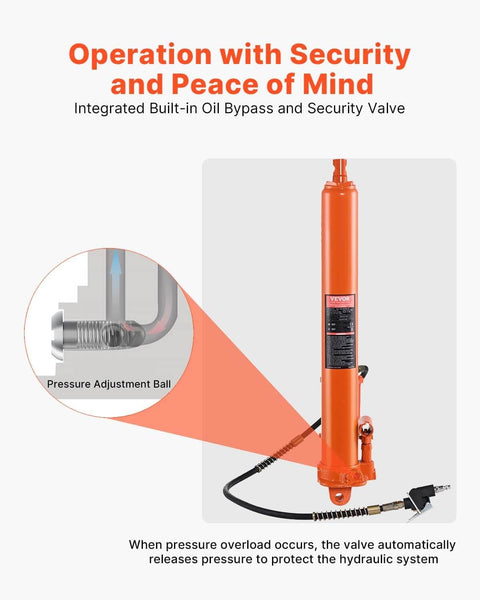 Heavy Duty 8 Ton Hydraulic Long Ram Jack For Engine Hoists With Air Pump And Clevis Base Cylinder VEVOR with pressure valve details