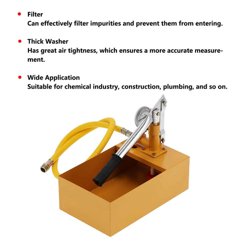 362 PSI Pressure Test Pump, Hydraulic Manual Water Pressure Tester Kit with visible brass components and gauge.
