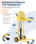Heavy Duty Hydraulic Material Lift With 440 Lb Capacity Pallet Truck Dolly And Lift Table 36 Inch Max Lift Versatile Forklift Stacker with steel platform and adjustable forks, side view with dimensions shown.