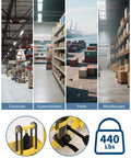 Heavy Duty Hydraulic Material Lift With 440 Lb Capacity Pallet Truck Dolly And Lift Table shown in various settings: factories, supermarkets, ports, warehouses.