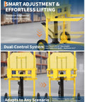 Heavy Duty Hydraulic Material Lift With 440 Lb Capacity Pallet Truck Dolly And Lift Table 36 Inch Max Lift shown lifting load