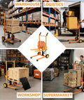 Collage of Workhorse Heavy Duty Hydraulic Material Lift With Steel Platform Board 450 lb Capacity 36 inch Max Lift in various uses