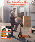 Man operating Hydraulic Material Lift Winch Stacker With 450 Lb Capacity And 35.4 Inch Lift Height in warehouse