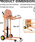 Workhorse Heavy Duty Hydraulic Material Lift with steel platform board, 450 lb capacity, 36 inch max lift, side view with dimensions