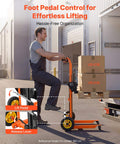 Person using a Heavy Duty Hydraulic Material Lift Stacker With 450 Lb Load Capacity And 39.4 Inch Lift Height, Foldable Portable Pallet Truck Dolly With Fork Lift Table For Home Garage Or Shop, Orange And Black, loading boxes