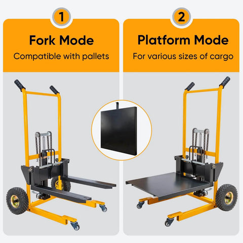 Foldable Hydraulic Material Lift Winch Stacker 450 Lbs Capacity With 35.8 Inch Max Lift And 9 Inch Wheels in fork and platform mode