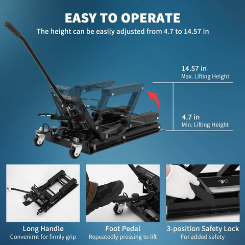 Beefy 1500 Lb Hydraulic Motorcycle Lift Jack With Adjustable Height From 4.7 To 14.57 Inches, non-slip platform, safety locks