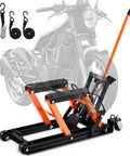 Front view of Heavy Duty Hydraulic Motorcycle Lift Jack With 1500 Lbs Capacity For Motorcycles ATVs UTVs Portable Scissor Lift Table On Wheels For Easy Maintenance And Cleaning By VEVOR, shown with straps and a motorcycle in background