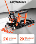 Heavy Duty Hydraulic Motorcycle Lift Jack With 1500 Lbs Capacity For Motorcycles ATVs UTVs Portable Scissor Lift Table On Wheels For Easy Maintenance And Cleaning By VEVOR shown with orange accents and universal casters.