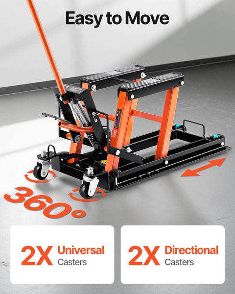Heavy Duty Hydraulic Motorcycle Lift Jack With 1500 Lbs Capacity For Motorcycles ATVs UTVs Portable Scissor Lift Table On Wheels For Easy Maintenance And Cleaning By VEVOR shown with orange accents and universal casters.