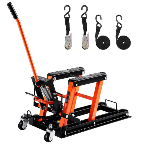 Heavy Duty Hydraulic Motorcycle Lift Jack With 1500 Lbs Capacity For Motorcycles ATVs UTVs Portable Scissor Lift Table On Wheels For Easy Maintenance And Cleaning By VEVOR with ratchet straps and lifting accessories