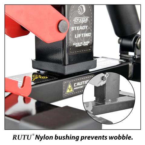 Close-up of Heavy Duty Hydraulic Motorcycle Lift Stand With 1000 Lbs Capacity, metal frame and nylon bushing detail.