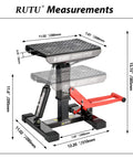 Heavy Duty Hydraulic Motorcycle Lift Stand With 1000 Lbs Capacity, Durable Steel Maintenance Hoist For Dirt Bikes And Snowmobiles, Dual Height Levels From Eleven Point Six Inches To Fifteen Point One Five Inches, Ultimate Garage Repair Tool For Gearheads, shown with measurements.