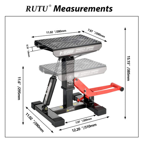 Heavy Duty Hydraulic Motorcycle Lift Stand With 1000 Lbs Capacity, Durable Steel Maintenance Hoist For Dirt Bikes And Snowmobiles, Dual Height Levels From Eleven Point Six Inches To Fifteen Point One Five Inches, Ultimate Garage Repair Tool For Gearheads, shown with measurements.