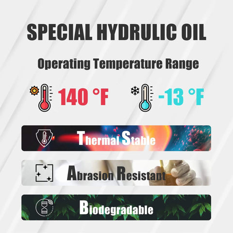 Special hydraulic oil temperature range chart showing 140°F to -13°F, highlighting thermal stability, abrasion resistance, and biodegradability.