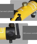Close-up of cast steel cylinder and oil return switch on 6 Die Pipe Bender For Tubing With Hydraulic System Compact Overall Design Heavy Load Bearing Manual Elbow Bending Machine For Automobile Repair And Fabrication Durable Steel Construction Smooth Operation.