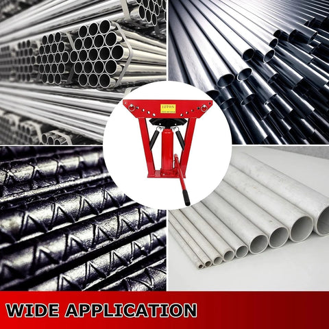 12 Ton Hydraulic Pipe Bender With Six Dies for Copper, Steel, and Iron Tubing, showing various pipe materials and applications.