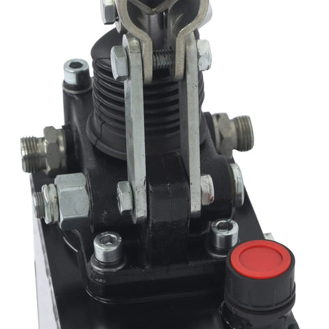 Close-up of LiGuVCY Hydraulic Piston Hand Pump with Changeover Valve for Double Acting Cylinder, showing components and fittings.