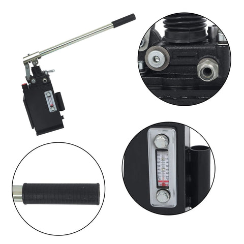 LiGuVCY Hydraulic Piston Hand Pump with Changeover Valve for Double Acting Cylinder, Manual Double Acting Hydraulic Pump with 1-Quart Steel Vertical Tank, 2.7 CID, 3,600 PSI, 3/8 NPTF, showing handle grip and pressure gauge