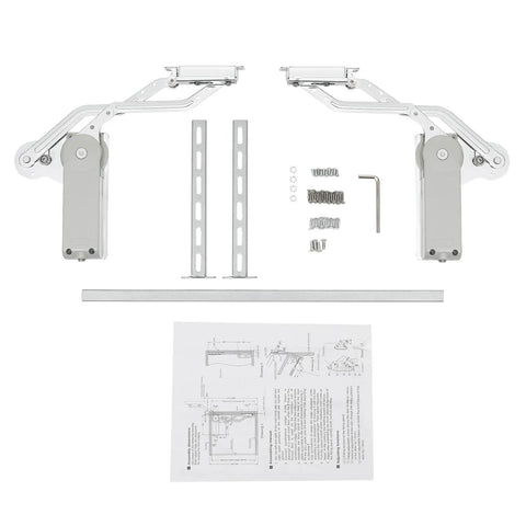 Hydraulic Buffer Cabinet Door Hinges Adjustable Mounting Hinges set with bolts, Allen key, instructions, and brackets.