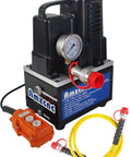Beefy Electric Hydraulic Power Pack Two Stage Single Acting 110V 120V High Pressure Pump 10000 PSI Max One Way Mini Unit 1 HP Compact Hydraulic Power Source for Lifting and Pressing and Industrial Tooling, front view.