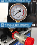 Close-up of shockproof pressure gauge and US standard quick connector on Beefy Electric Hydraulic Power Pack Two Stage Single Acting 110V 120V High Pressure Pump 10000 PSI Max One Way Mini Unit 1 HP Compact Hydraulic Power Source for Lifting and Pressing and Industrial Tooling.