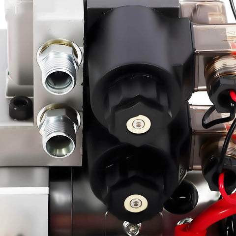 Close-up of 12V DC 4.5Liter Reservoir Hydraulic Power Pump Double Acting 4 Way Unit Hydraulic Pump Hydraulic Power Pack for Dump Trailer Car Lifting