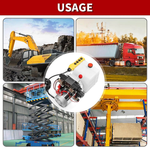 Usage scenarios for 12V DC 4.5Liter Reservoir Hydraulic Power Pump Double Acting 4 Way Unit in industrial equipment and vehicles.