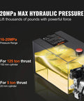 Close-up of 8 Quart Hydraulic Power Unit, Double Acting Dump Trailer Pump with pressure info, DC 12V Hydraulic Pump for Dump Trailer Car Lifting